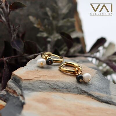 Orecchini a cerchio “Lost Light”, gioielli con pietre preziose e perle d'acqua dolce, gioielli fatti a mano con ossidiana naturale.