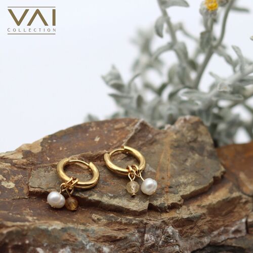 Hoop Earrings “Sirius", Gemstone and Freshwater Pearl Jewellery, Handmade Jewelry with Natural Citrine.
