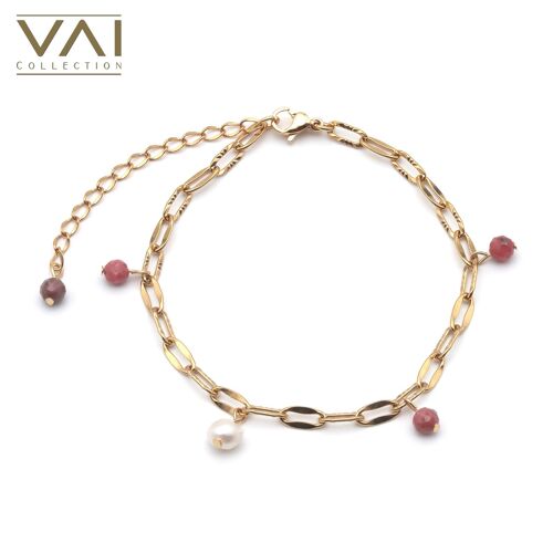 Bracelet “Anthem”, Gemstone and Freshwater Pearl Jewellery, Handmade Jewelry with Natural Rhodochrosite.