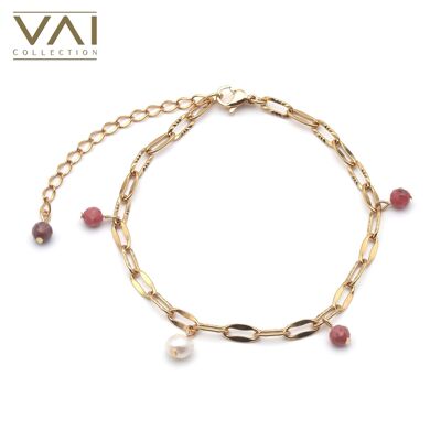 Bracelet “Anthem”, Gemstone and Freshwater Pearl Jewellery, Handmade Jewelry with Natural Rhodochrosite.