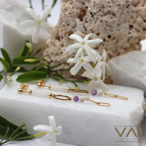 Gemstone Earrings “Violet Ocean”, Gemstone Jewellery, Handmade Diffuser Jewelry with Natural Amethyst, Jade and Lava.