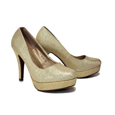 Chaussures femme - Escarpins dorés à paillettes et talons hauts