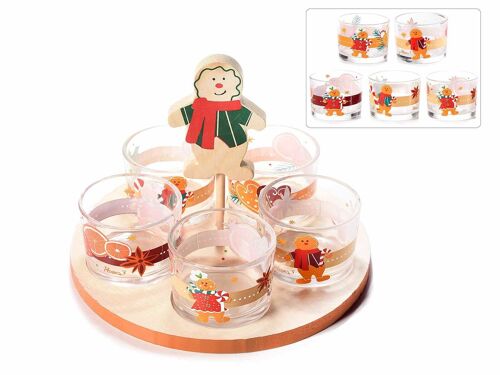 Set aperitivi / porta salse Natale Speziato con 5 ciotole / coppette in vetro decorato su vassoio di legno con omino pan zenzero decorativo