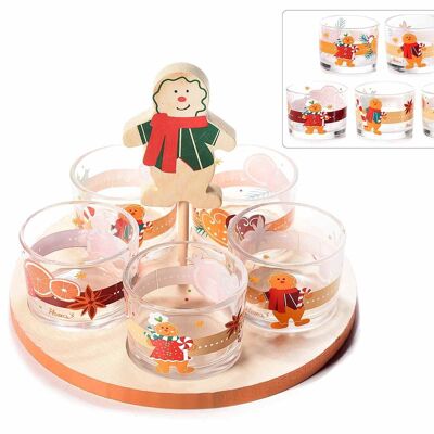 Spiced Christmas aperitif / sauce holder set with 5 decorated glass bowls / cups on wooden tray with decorative gingerbread man