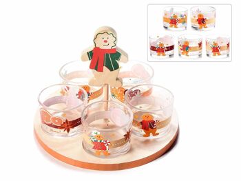 Apéritif de Noël épicé / porte-sauce avec 5 bols / tasses en verre décorés sur plateau en bois avec bonhomme en pain d'épices décoratif
