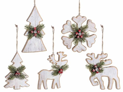 Decori natalizi ad albero e renna in legno da appendere con bordo glitter e pino decorativo artificiale