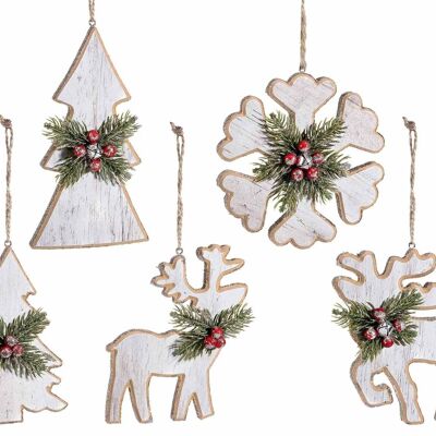 Hängende Weihnachtsbaum- und Rentierdekorationen aus Holz mit Glitzerrand und künstlicher Deko-Kiefer