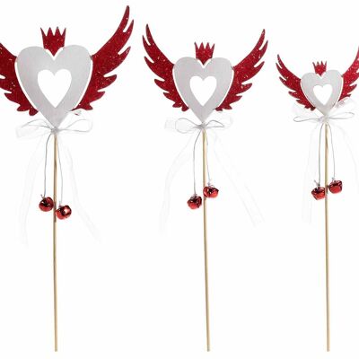 Coeurs en bois sur bâton avec ailes et clochettes pailletées en lot de 3 pièces