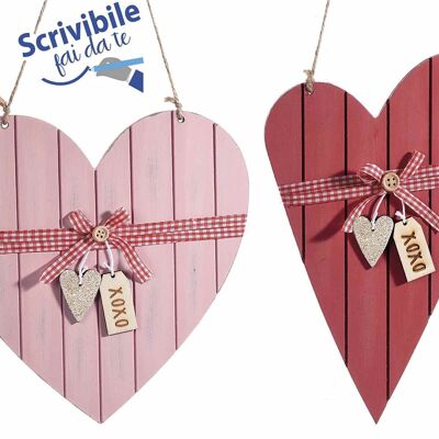 Coeurs en bois à accrocher avec noeud, étiquette et coeur pailleté