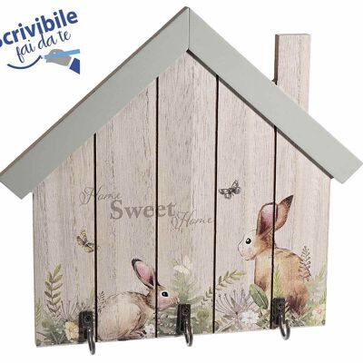 Porte-clés maisons en bois avec 3 crochets et motif lapin