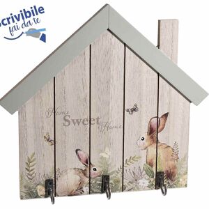 Porte-clés maisons en bois avec 3 crochets et motif lapin