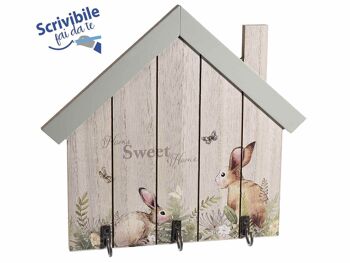 Porte-clés maisons en bois avec 3 crochets et motif lapin