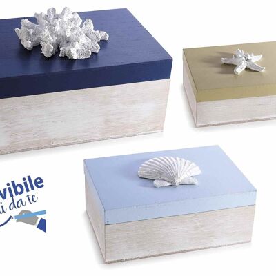 Wooden boxes with marine decorations on the lid in a set of 3 pieces