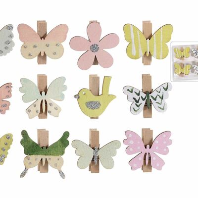 Wooden clothespins with flowers and butterflies in colored wood with glitter in a pack of six pieces