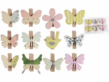 Pinces à linge en bois avec fleurs et papillons en bois coloré avec paillettes en paquet de six pièces