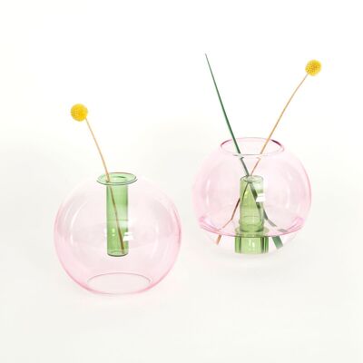 Florero mediano de vidrio burbuja - Rosa y verde