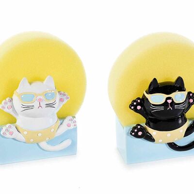 Cat sponge holder in colored resin with yellow sponge design 14zero3