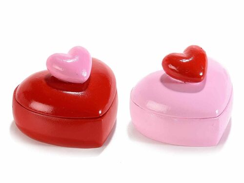 Contenitori a cuore in resina colorata rosa e rossa con coperchio con cuore in rilievo