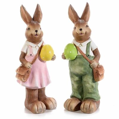 Pareja de conejitos de resina con huevo de Pascua