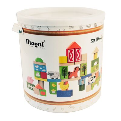 Blocs de construction dans une boîte de rangement, thème ferme aux couleurs vives, 50 pcs.