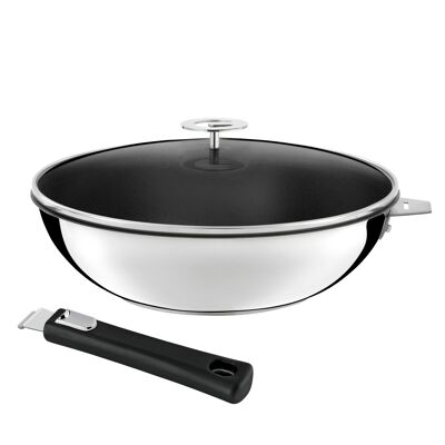 Malice - 28cm coated stainless steel wok with lid and black handle - Cuisinox