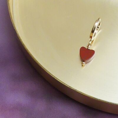 Saint-Valentin - Mono boucle d'oreille coeur en pierre naturelle de jaspe rouge - Mono boucle Love