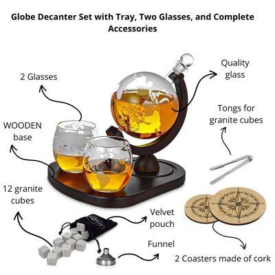 Globe Decanter Set with Tray, Two Glasses, and Complete Accessories