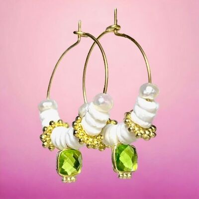 "ARIA" golden creole earrings, fine gold Peridot stone, shell and mother-of-pearl