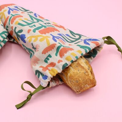 Baguettetasche aus Baumwolle mit Leinenmuster und Aufklebern