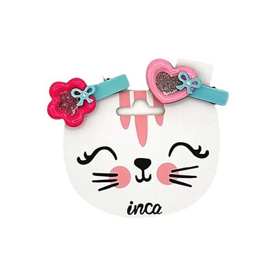 Children's set of 2 button-flower-heart hair clips