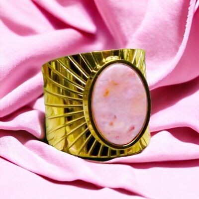 Adaptable "ELODIE" ring in stainless steel with natural pink Agate stone