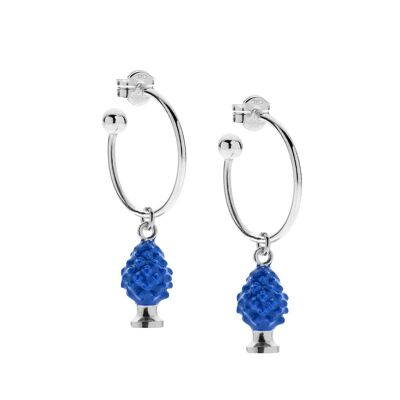 Pendientes de aro medianos con charm de piña en plata de ley y esmalte azul