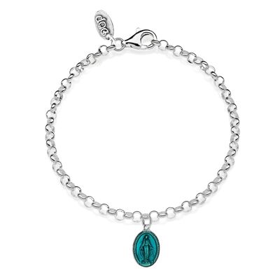 Rolo Mini Bracelet with Madonnina Charm in 925 Silver and Turquoise Enamel