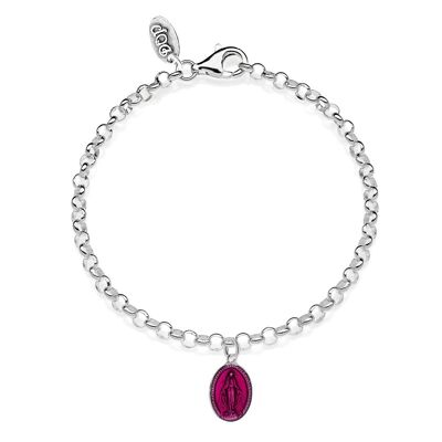 Rolo Mini Bracelet with Madonnina Charm in 925 Silver and Pink Enamel