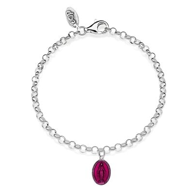 Bracelet Rolo Mini avec Charm Madonnina en Argent 925 et Émail Rose