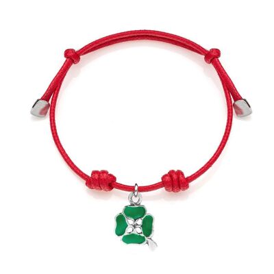 Waxed Cotton Bracelet with Four-Leaf Clover Charm in 925 Silver and Enamel