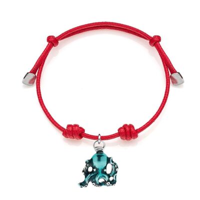 Waxed Cotton Bracelet with Octopus Charm in 925 Silver and Enamel