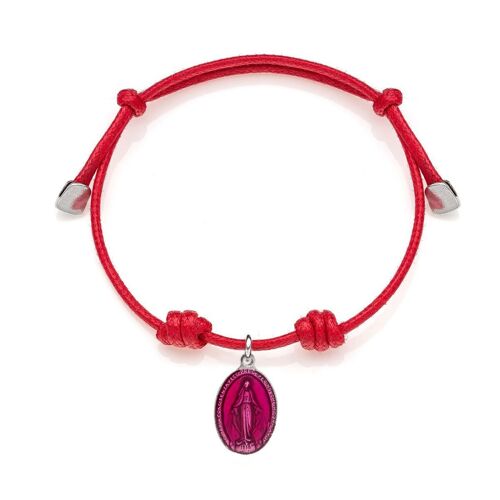 Bracciale in Cotone Cerato con Charm Madonnina in Argento 925 e Smalto Rosa