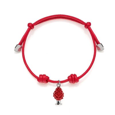 Bracelet en cordon de coton avec breloque pomme de pin en argent sterling et émail rouge