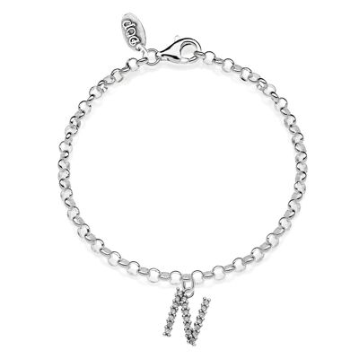 Rolò Mini Bracelet with Sparkling Letter N Charm in 925 Silver