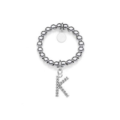 Elastischer Boule-Ring, funkelnder Charm-Buchstabe K aus 925er Silber