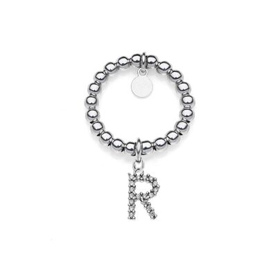 Elastic Boule Ring Sparkling Charm Letter R in 925 Silver