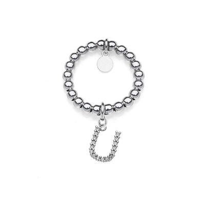 Elastic Boule Ring Sparkling Charm Letter U in 925 Silver