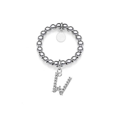 Elastic Boule Ring Sparkling Charm Letter W in 925 Silver
