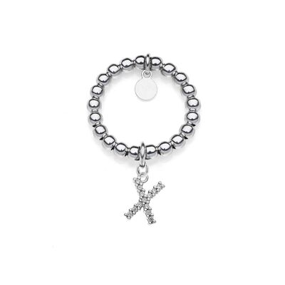 Elastic Boule Ring with Sparkling Letter X Charm in 925 Silver