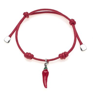 Pulsera de Cordón de Algodón con Charm de Chile en Plata de Ley y Esmalte