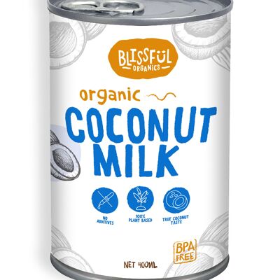 Blisfull Leche de Coco Orgánica 400 ml, paquete de 6, Produce sin desagradables