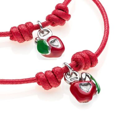 Bracelets en coton ciré avec breloques cœur de pomme droite et gauche en argent sterling et émail