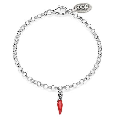 Pulsera Rolo Mini con Charm Mini Chile en Plata de Ley y Esmalte Rojo