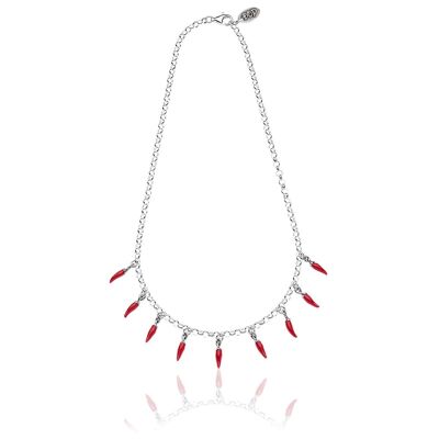 Mini collier Rolo 45 cm avec 9 mini charms piment en argent sterling et émail rouge